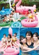 A group of women in bikinis sitting on inflatable flamingos in a pool.