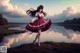 A woman in a red and white dress standing by a lake.