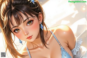 Anime girl with long brown hair wearing a blue dress.